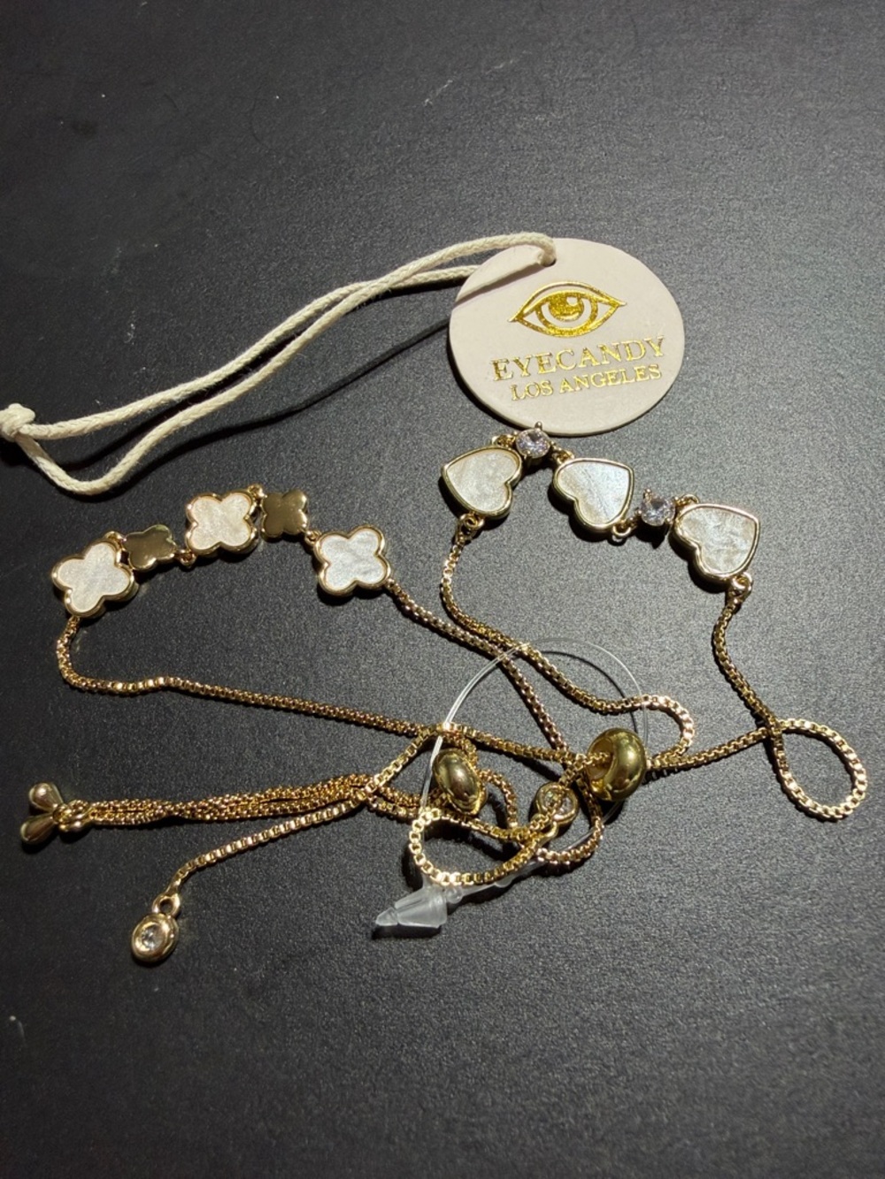 Eye Candy Gold and White Mother-of-Pearl Heart & Clover Bracelet Set (4)